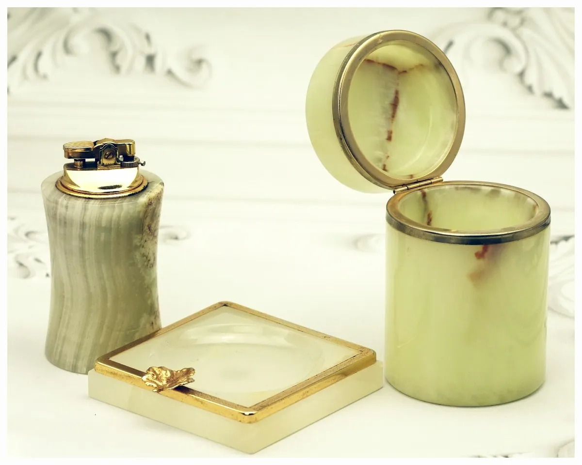 Retro Onyx Brass Smoking Set Ronson Table Lighter, - Image 4