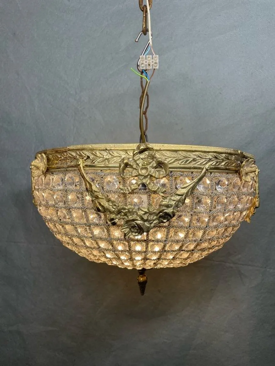 Elegant Brass and Cut Glass Basket Chandelier - Image 1