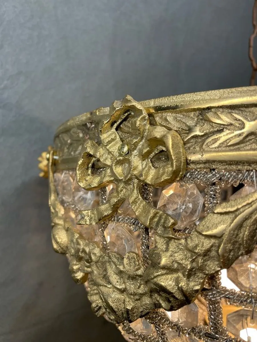 Elegant Brass and Cut Glass Basket Chandelier - Image 3
