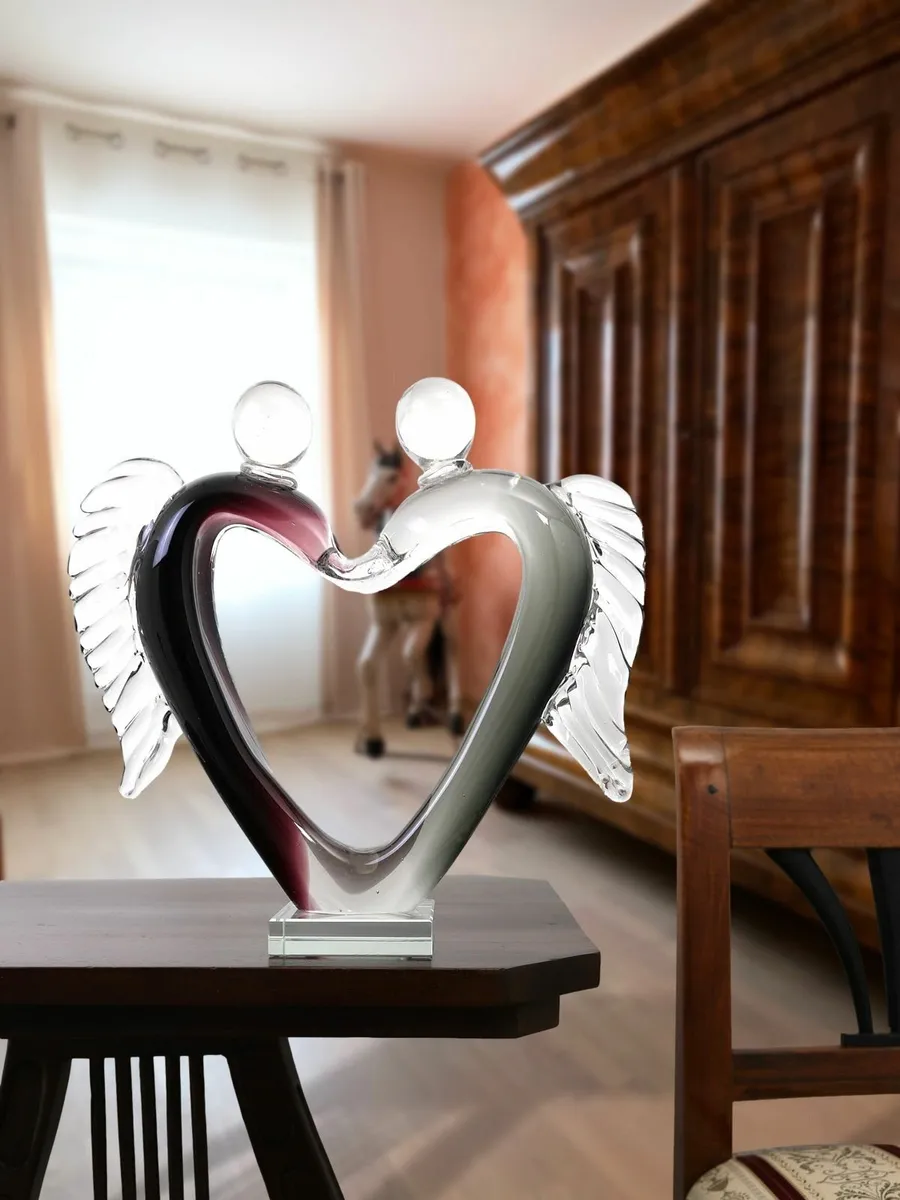 Handcrafted Glass Lovers Sculpture Angel Heart Des - Image 1
