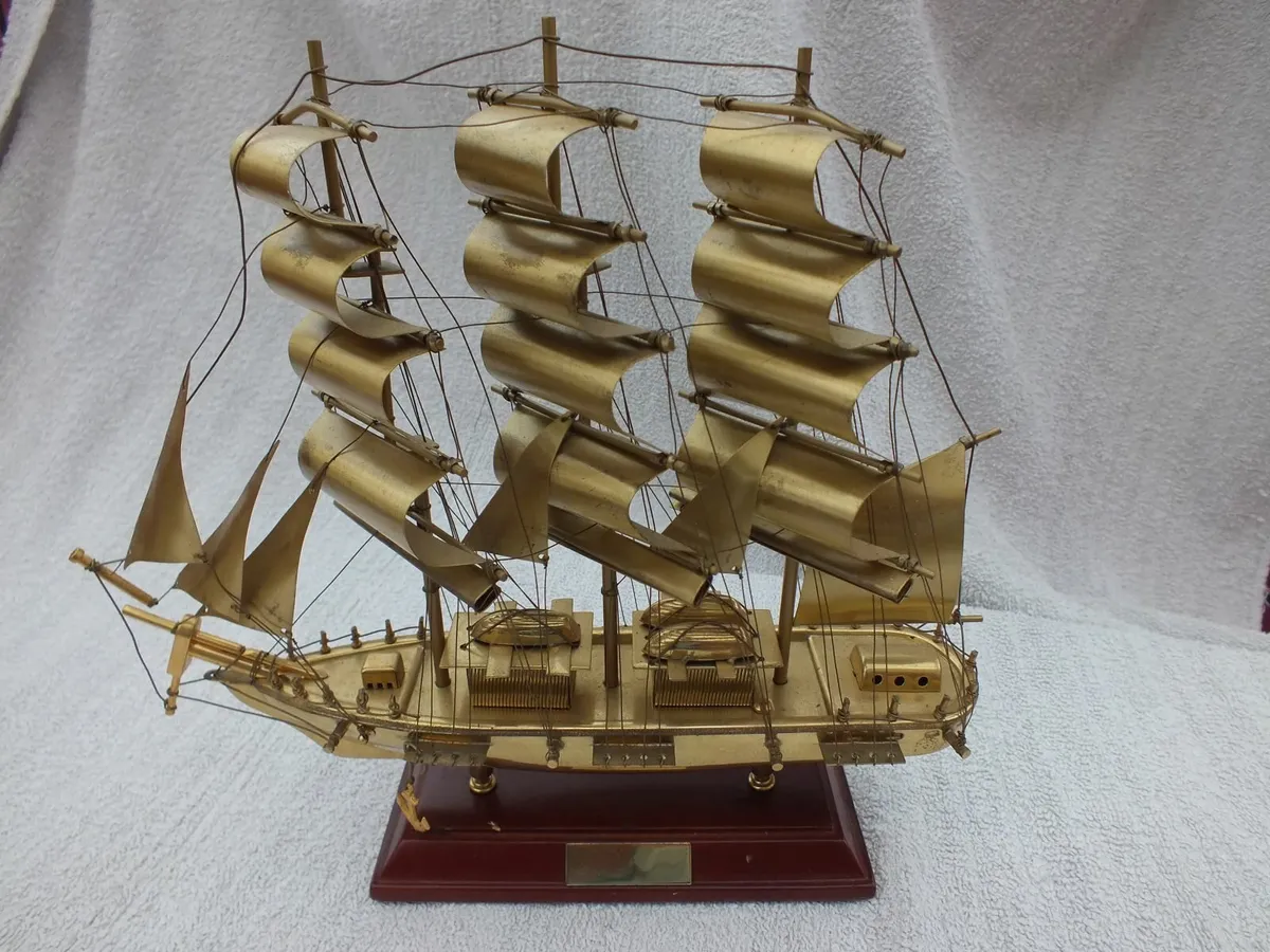 Vintage Brass Model Tall Sailing Ship Brass 10" On - Image 1