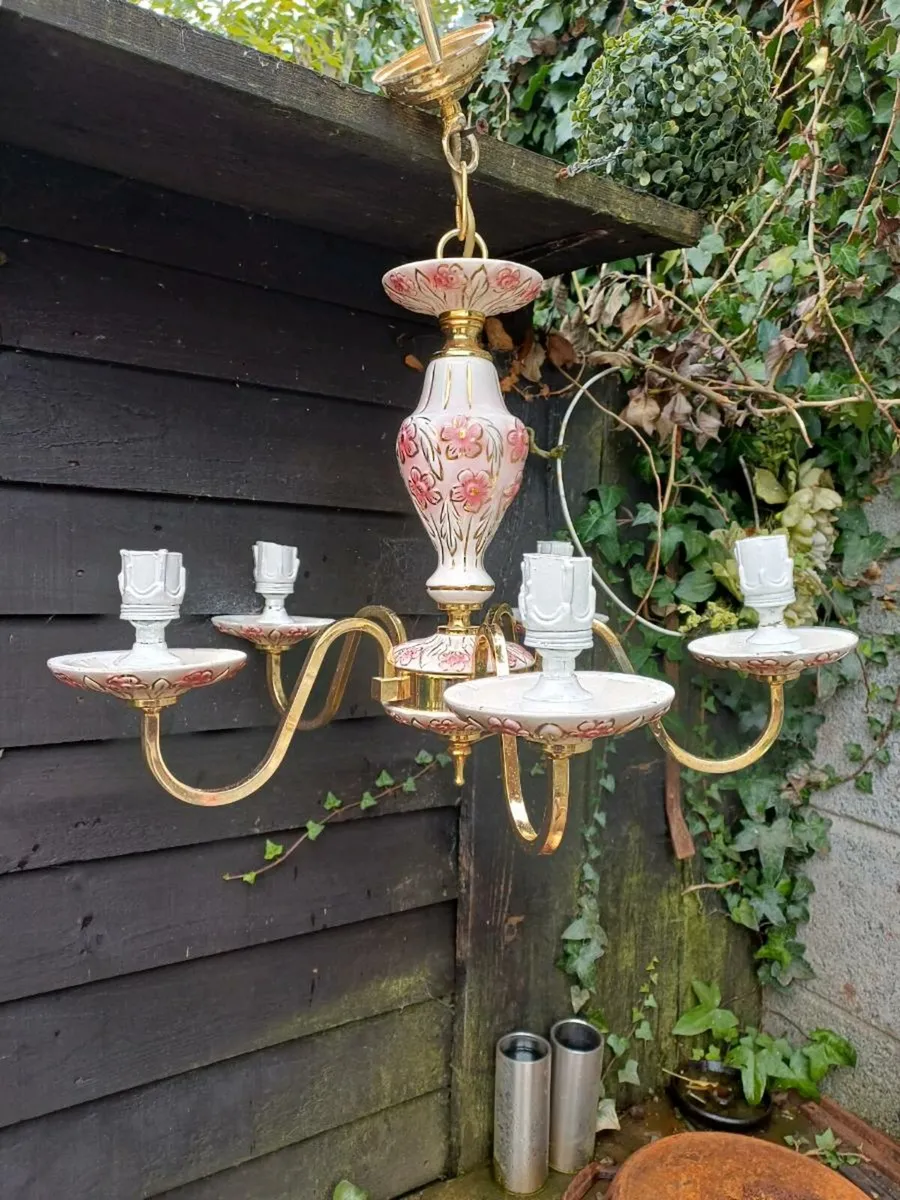 Vintage Ceramic & Brass Chandelier - Image 1