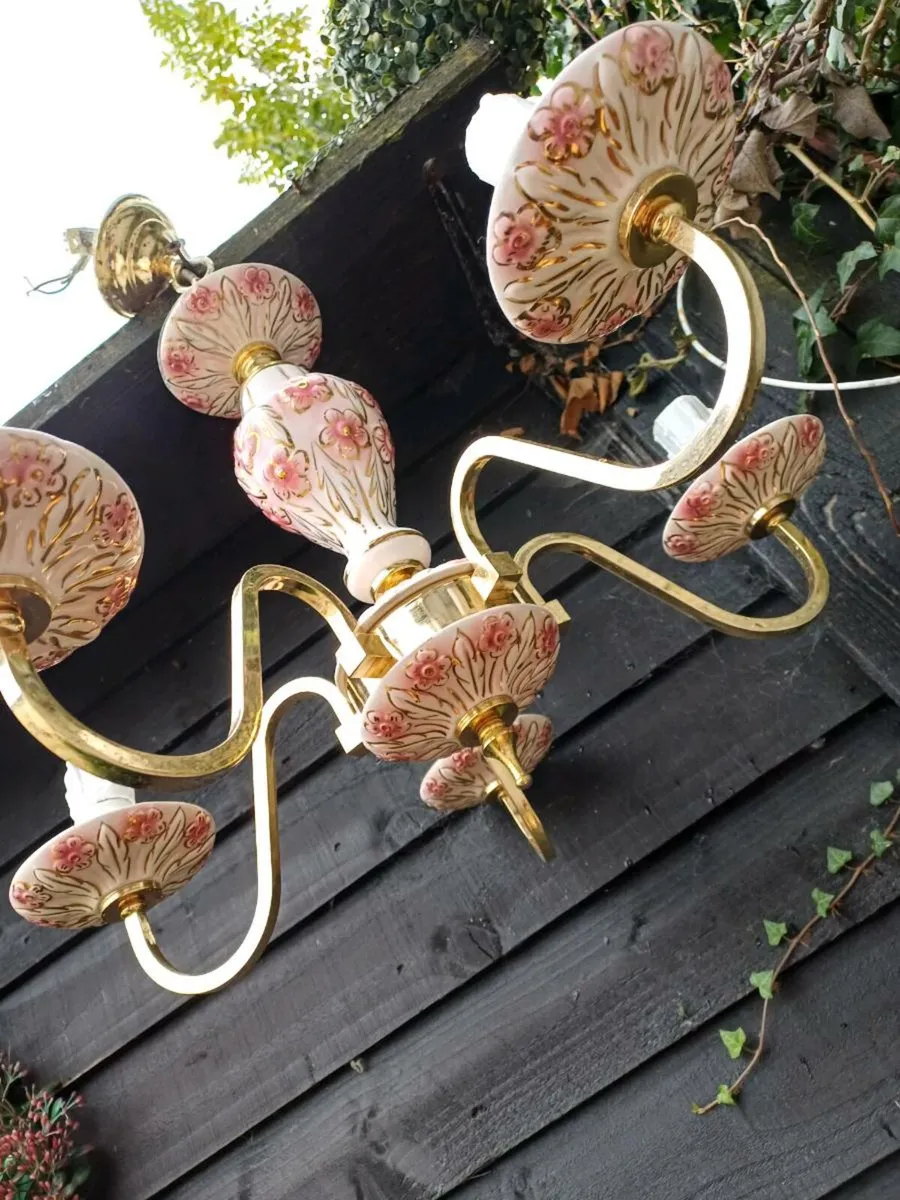 Vintage Ceramic & Brass Chandelier - Image 2
