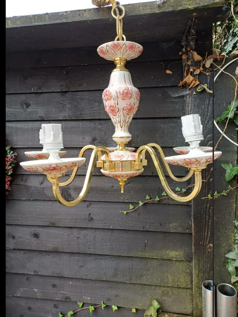 Vintage Ceramic & Brass Chandelier - Image 3