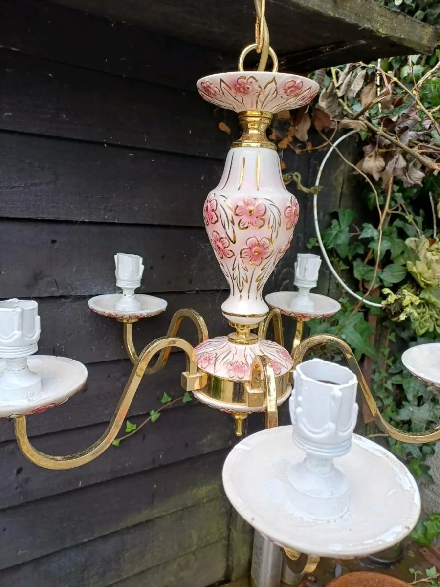 Vintage Ceramic & Brass Chandelier - Image 4