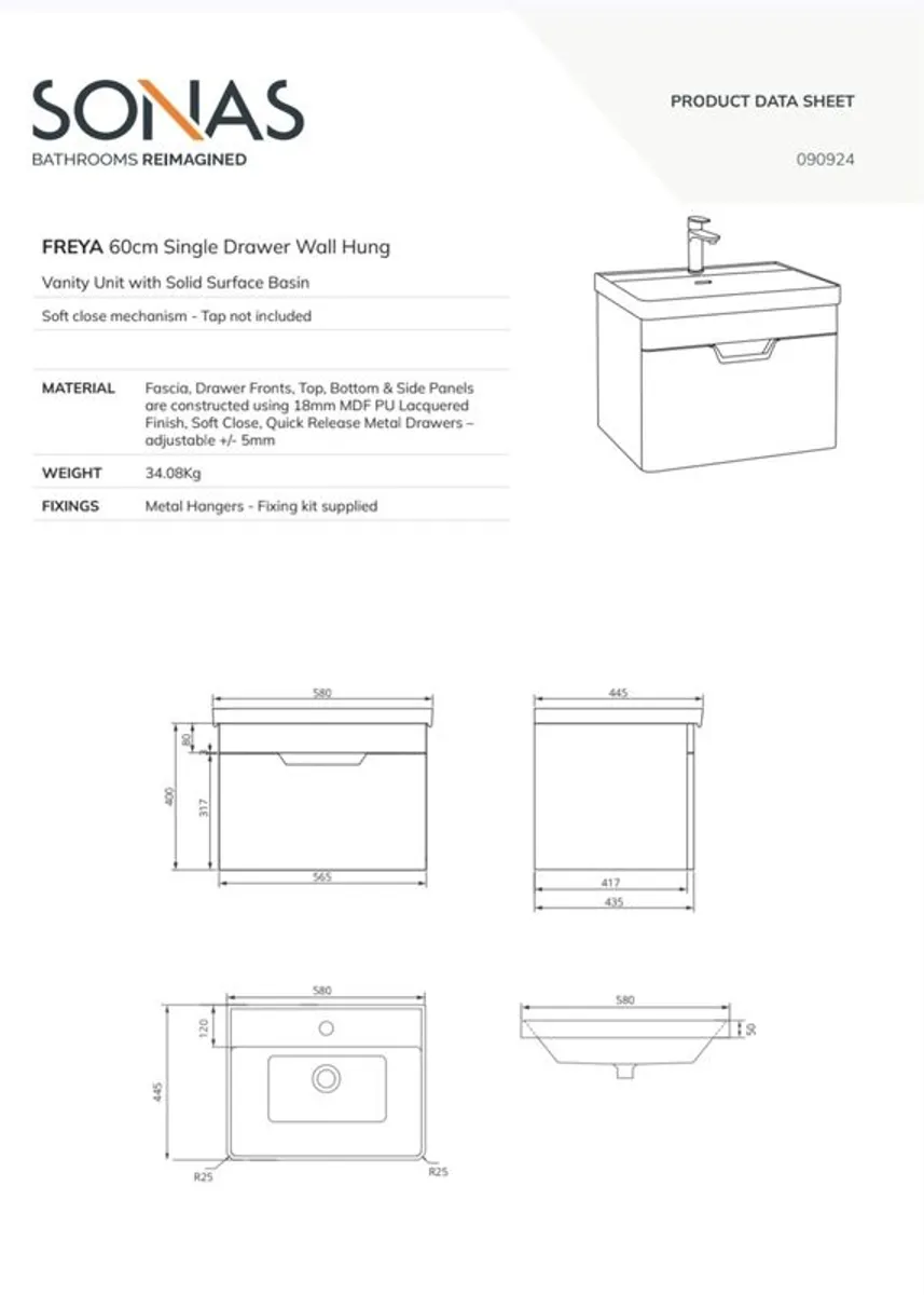 Sonas Freya 1 Drawer Wall Hung Vanity Unit - Image 4