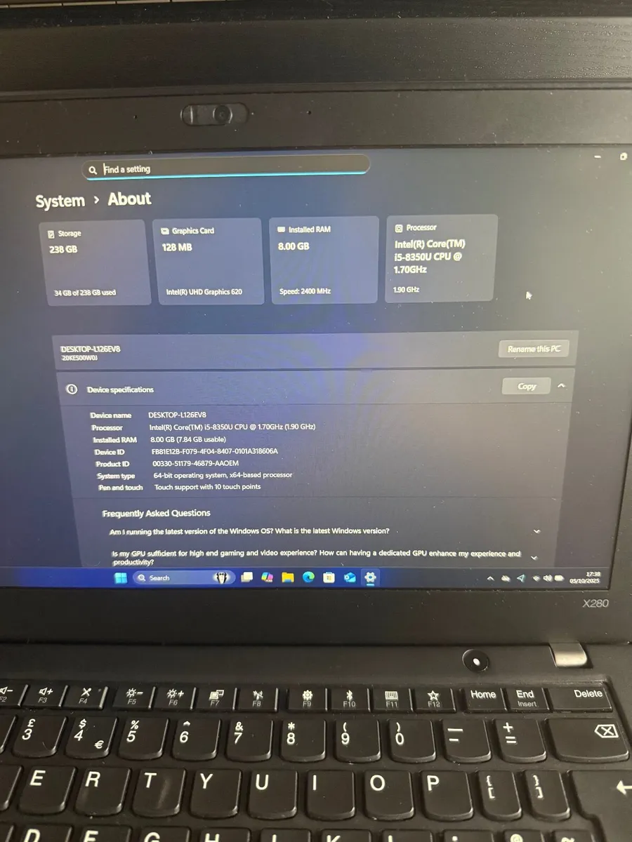 Lenovo X280 Laptop i5/8GB/256SSD/FHD Touch - Image 4
