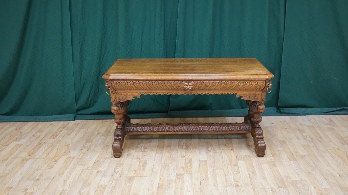 French Renaissance Revival Carved Tiger Oak Librar - Image 1