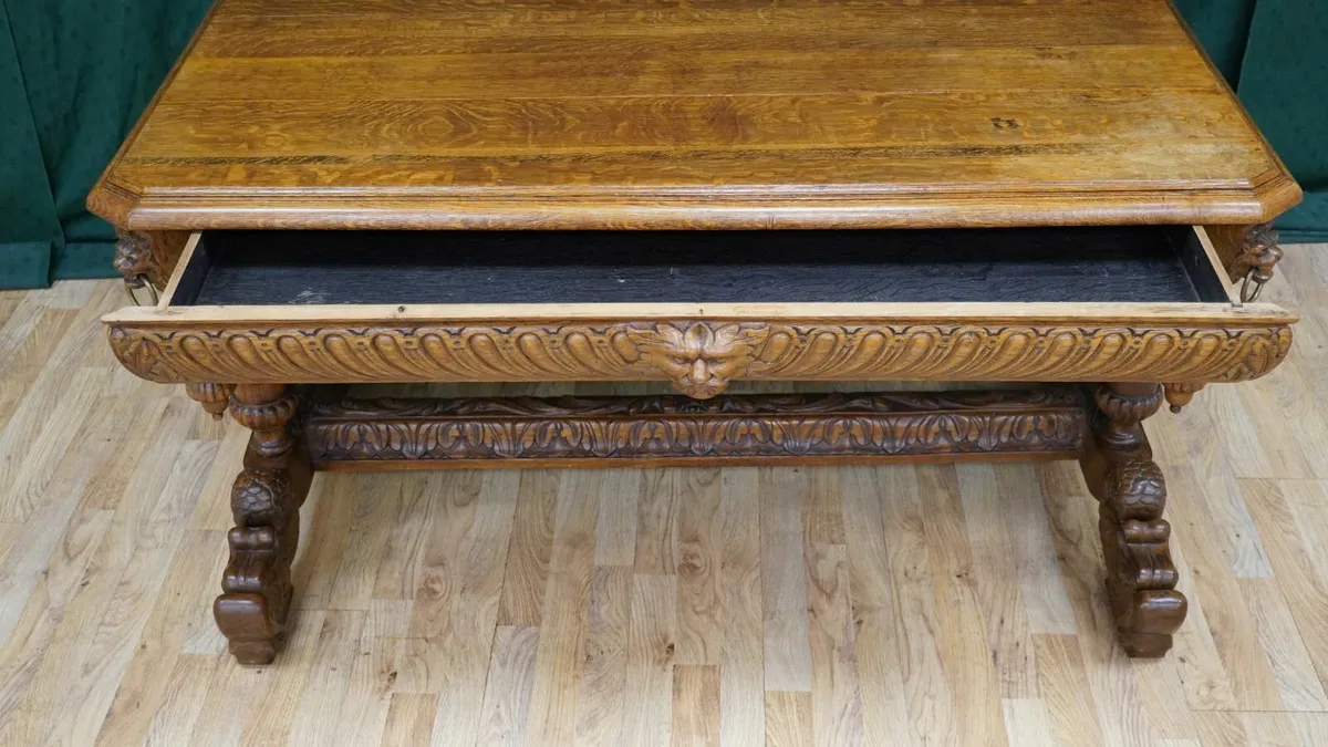 French Renaissance Revival Carved Tiger Oak Librar - Image 4
