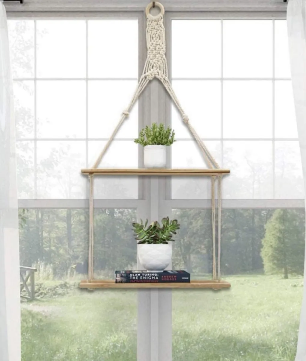 2 Tier Hanging Floating Rope Wooden Shelves - Image 2