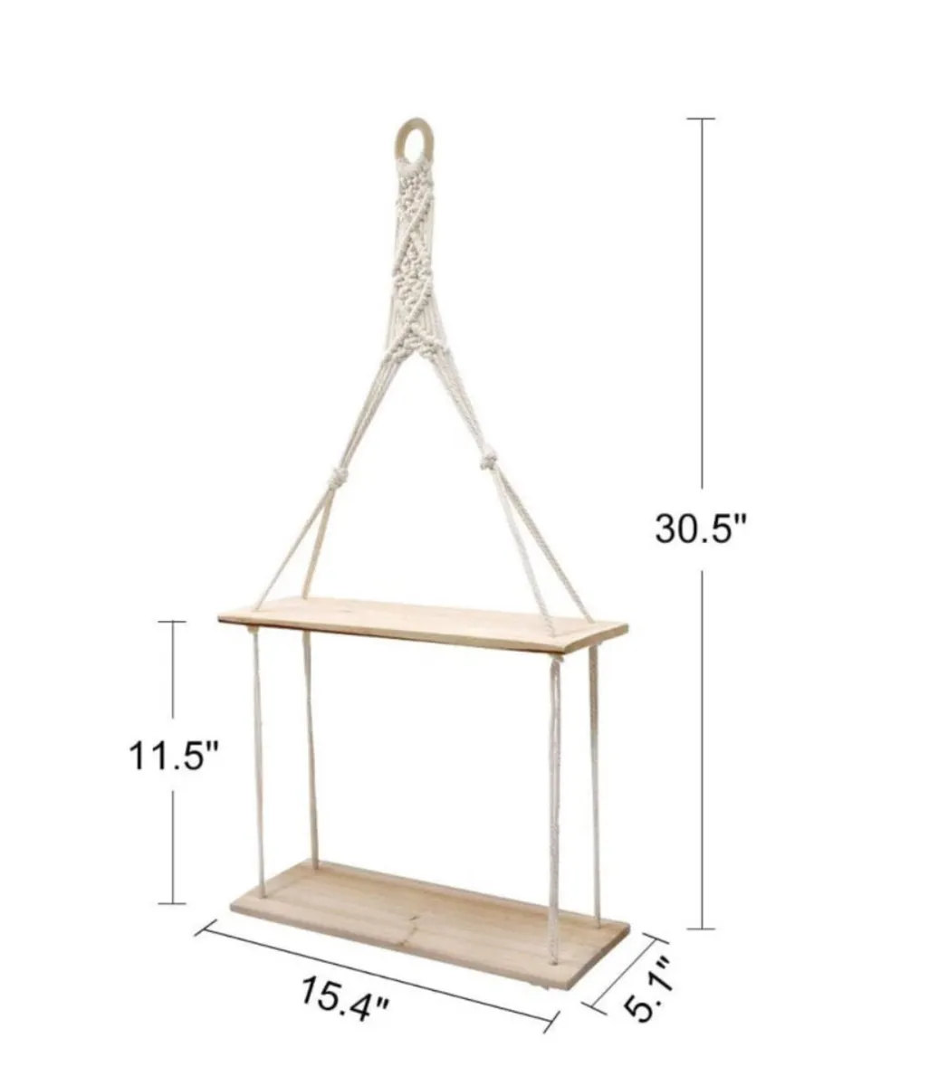 2 Tier Hanging Floating Rope Wooden Shelves - Image 3
