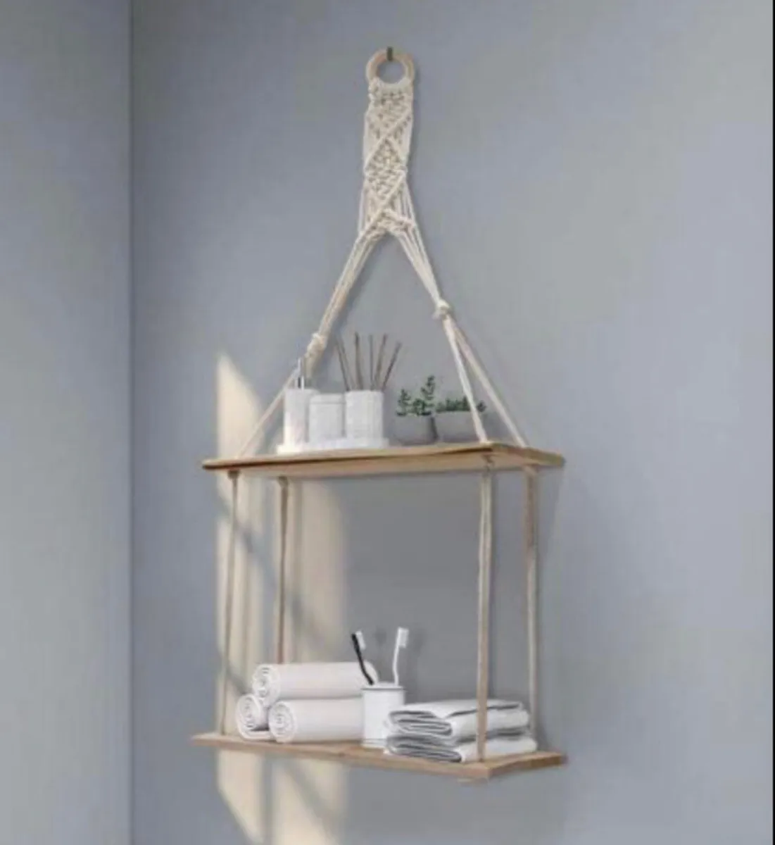 2 Tier Hanging Floating Rope Wooden Shelves - Image 4