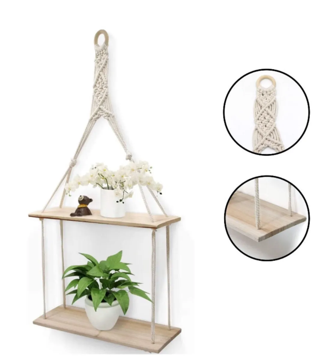 2 Tier Hanging Floating Rope Wooden Shelves - Image 1