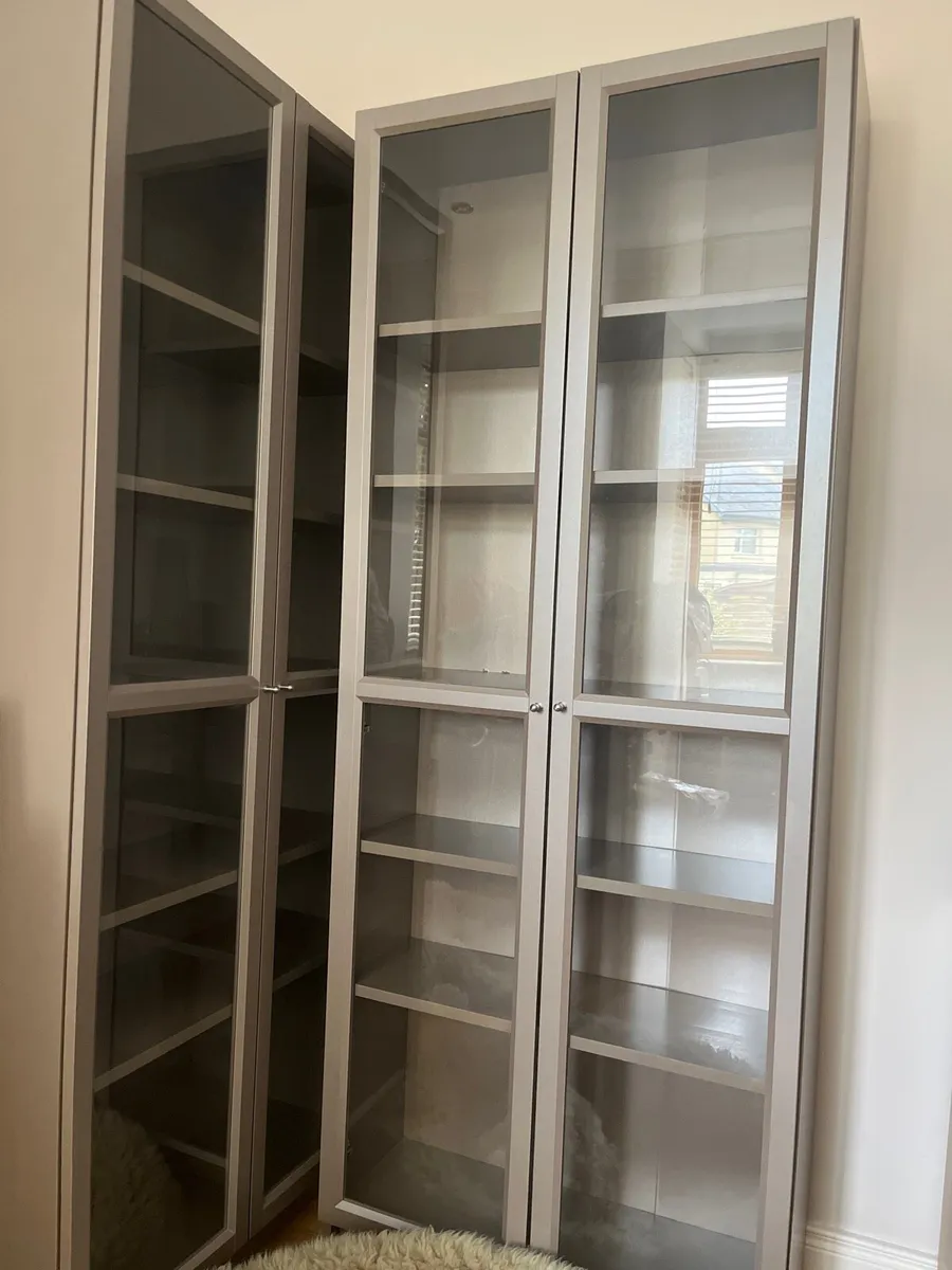Ikea glass front shelving x3, grey metallic - Image 1