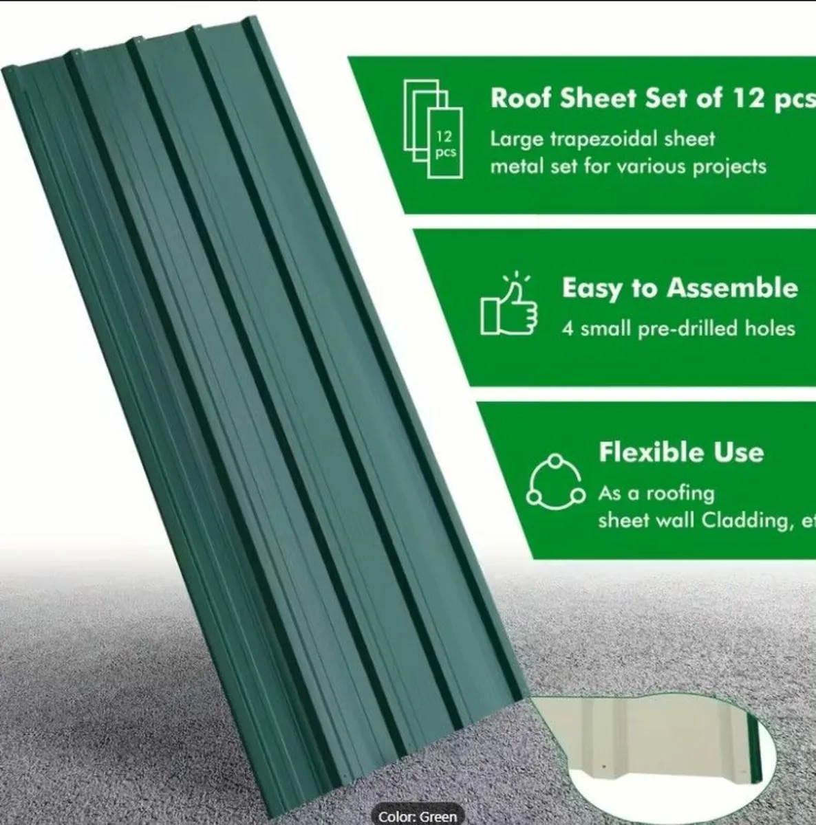 12-Piece Corrugated Metal Roofing Sheets – Green – - Image 2