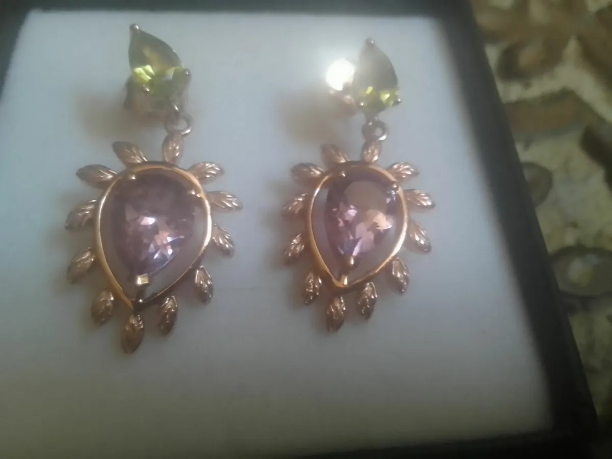 AMETHYST & PERIDOT STG SILVER ROSE GOLD EARRINGS N - Image 2