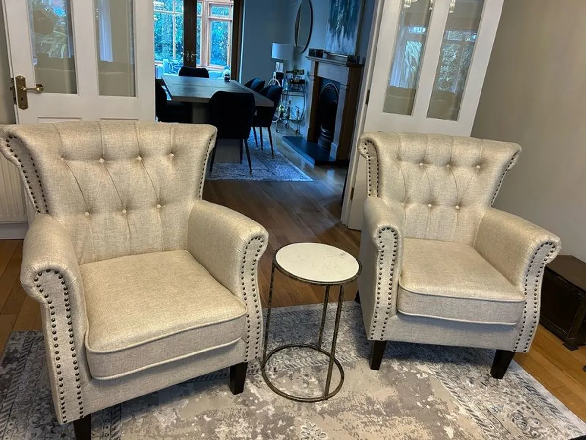 Cream Linen Armchairs (2) - Image 1