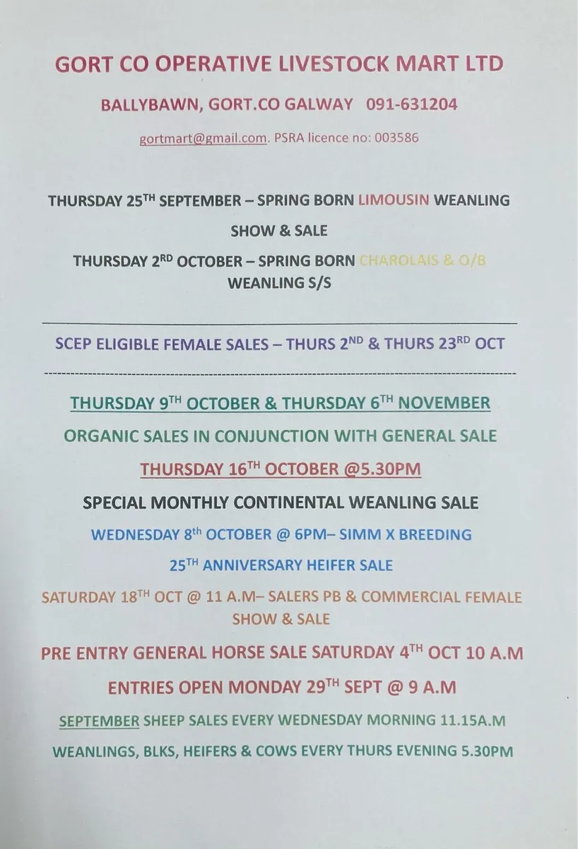Gort Mart: Thurs 25th Sept LMX show & sale