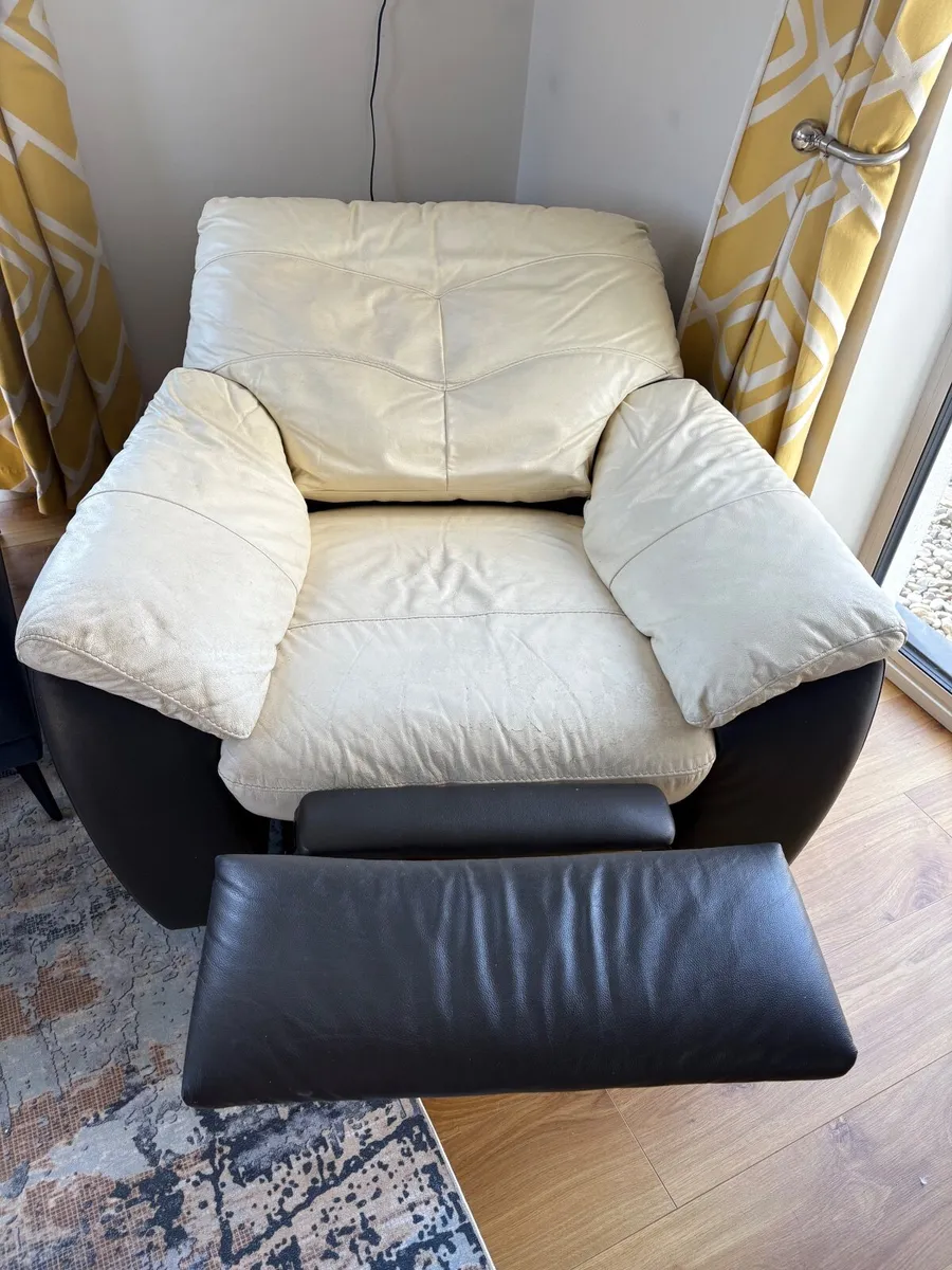 Leather recliner chair and footstool with storage - Image 1