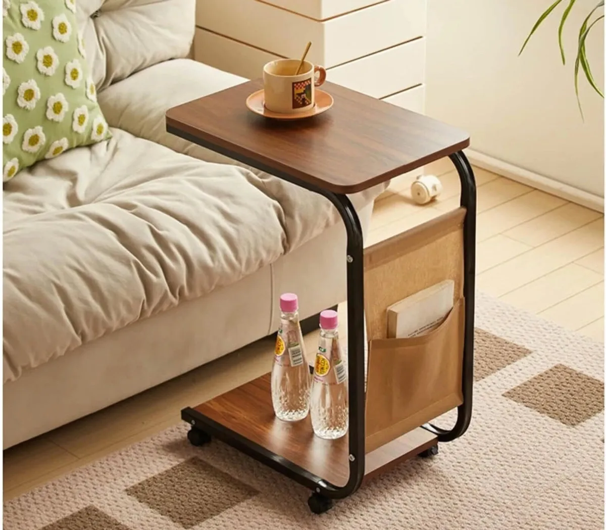 NEW C Shaped Side End Coffee Table with Wheels - Image 4