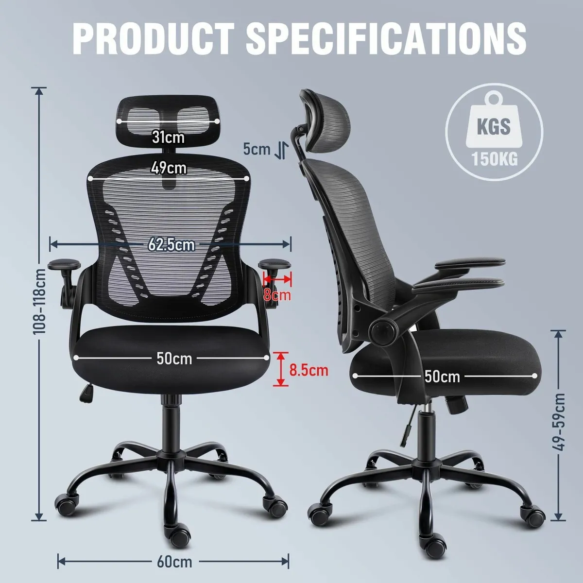 Office Chair HeadrestMesh Desk Flip-up Armrests90- - Image 2