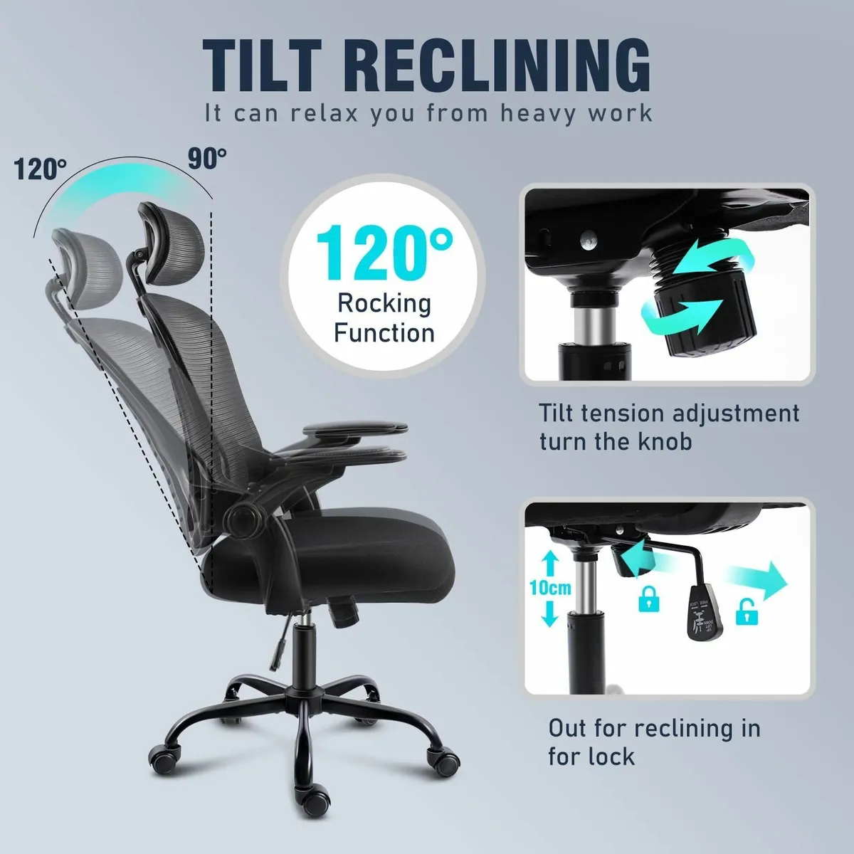 Office Chair HeadrestMesh Desk Flip-up Armrests90- - Image 4
