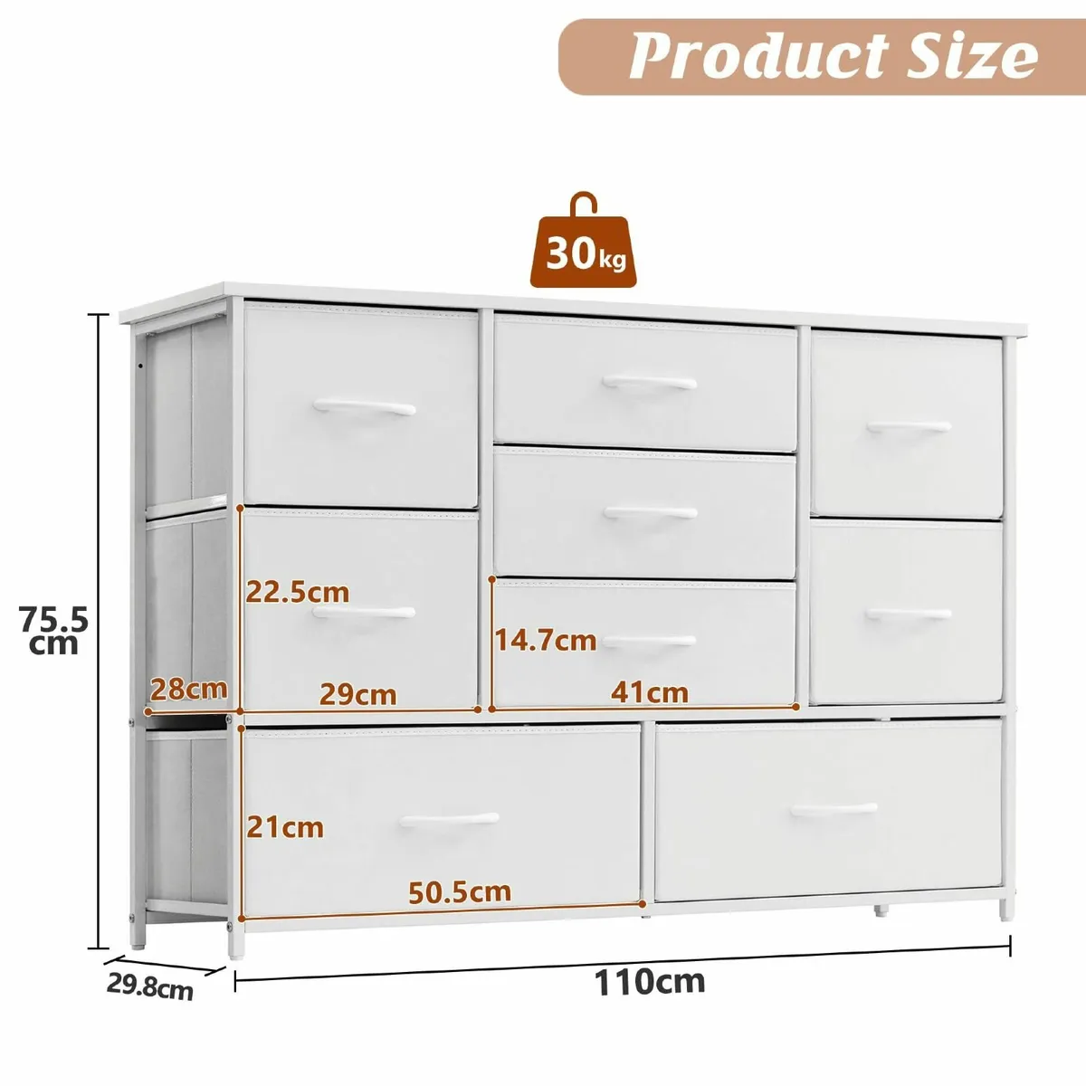 White Chest of Drawers for Bedroom 9 Drawer Fabric - Image 3