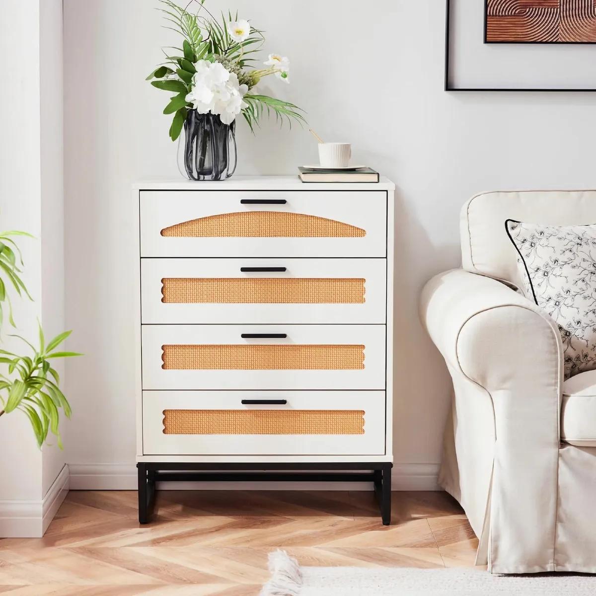 4 Drawers Rattan Dresser Natural Closet Bedroom St - Image 2