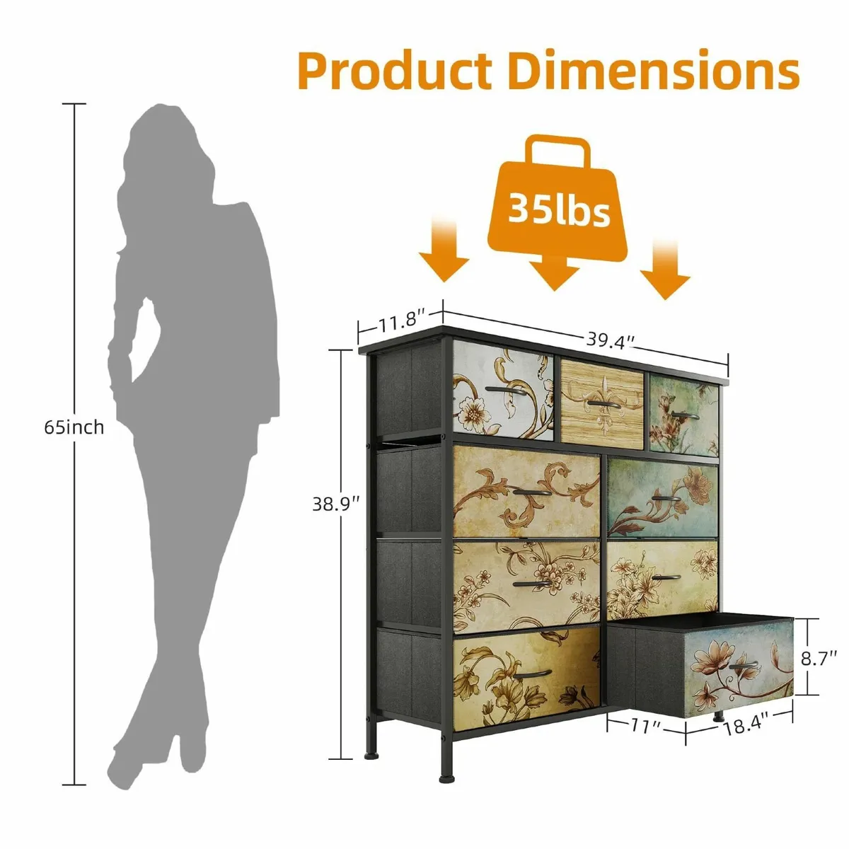 Chest of Drawers Bedroom 9 Tall Fabric Dressers Fl - Image 3