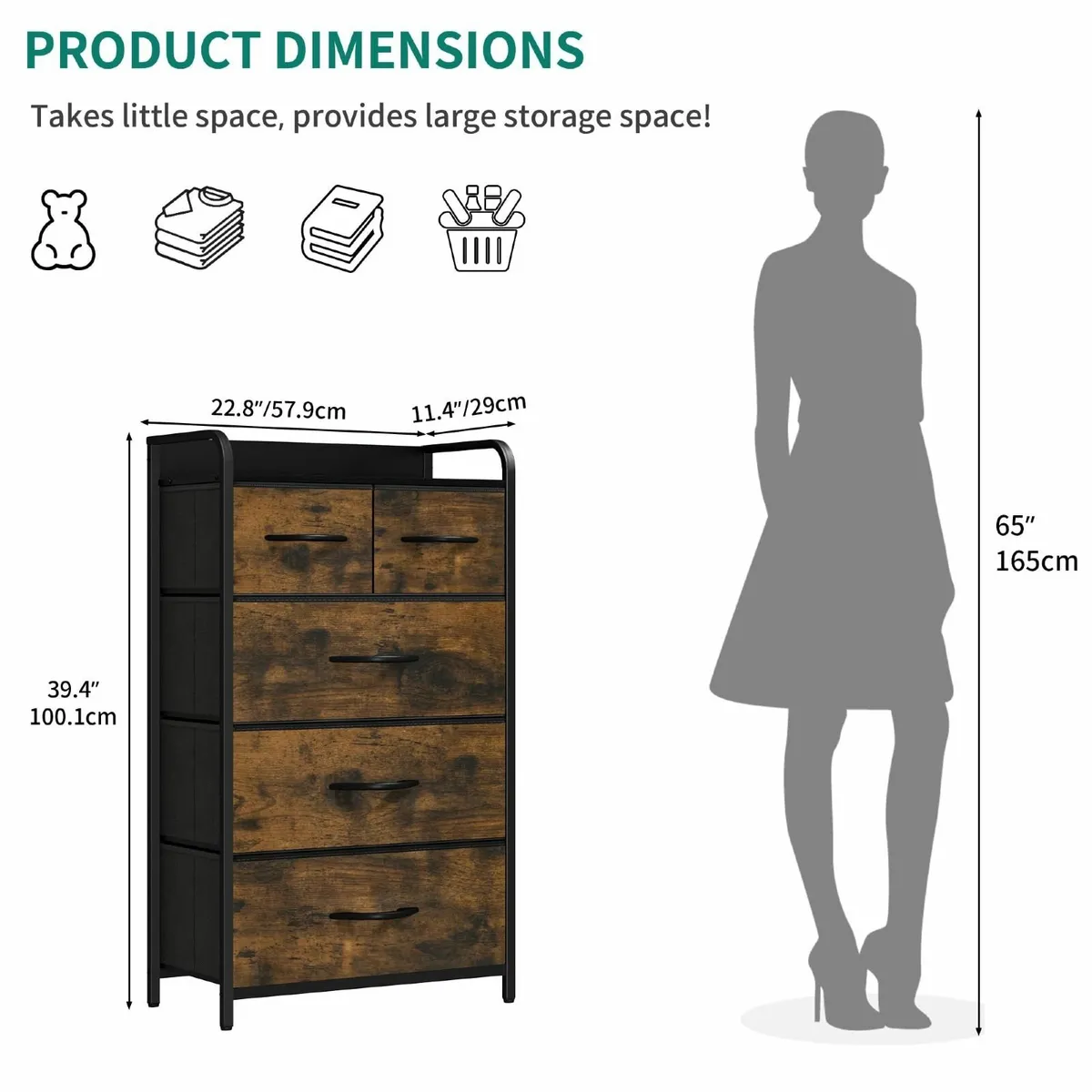 Chest of Drawer 5 Drawers for Bedroom Fabric Dress - Image 3