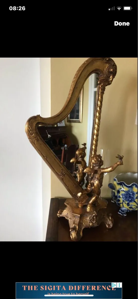 Antique Harp Shaped Tabletop Mirror - Image 1