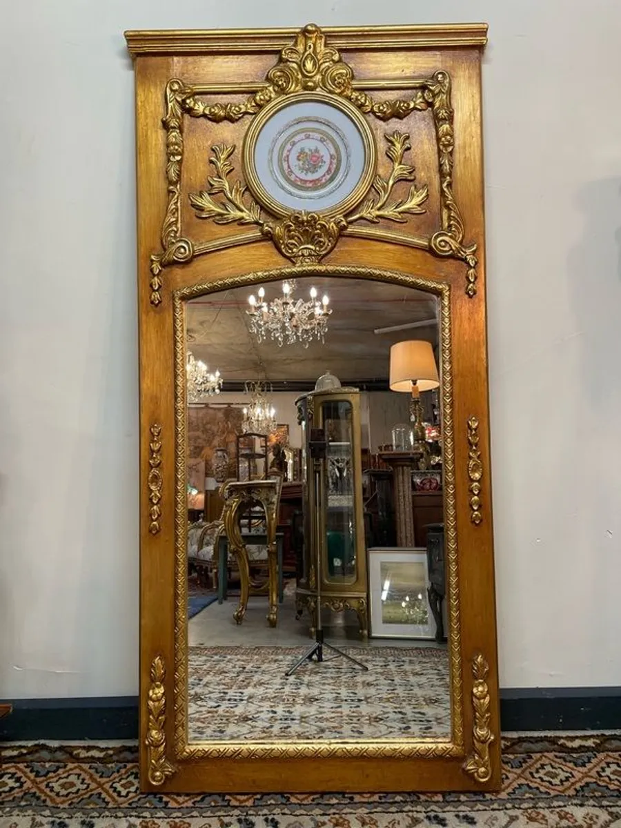 French Trumeau Style Gilt Wood Mirror with Central Plaque - Image 1