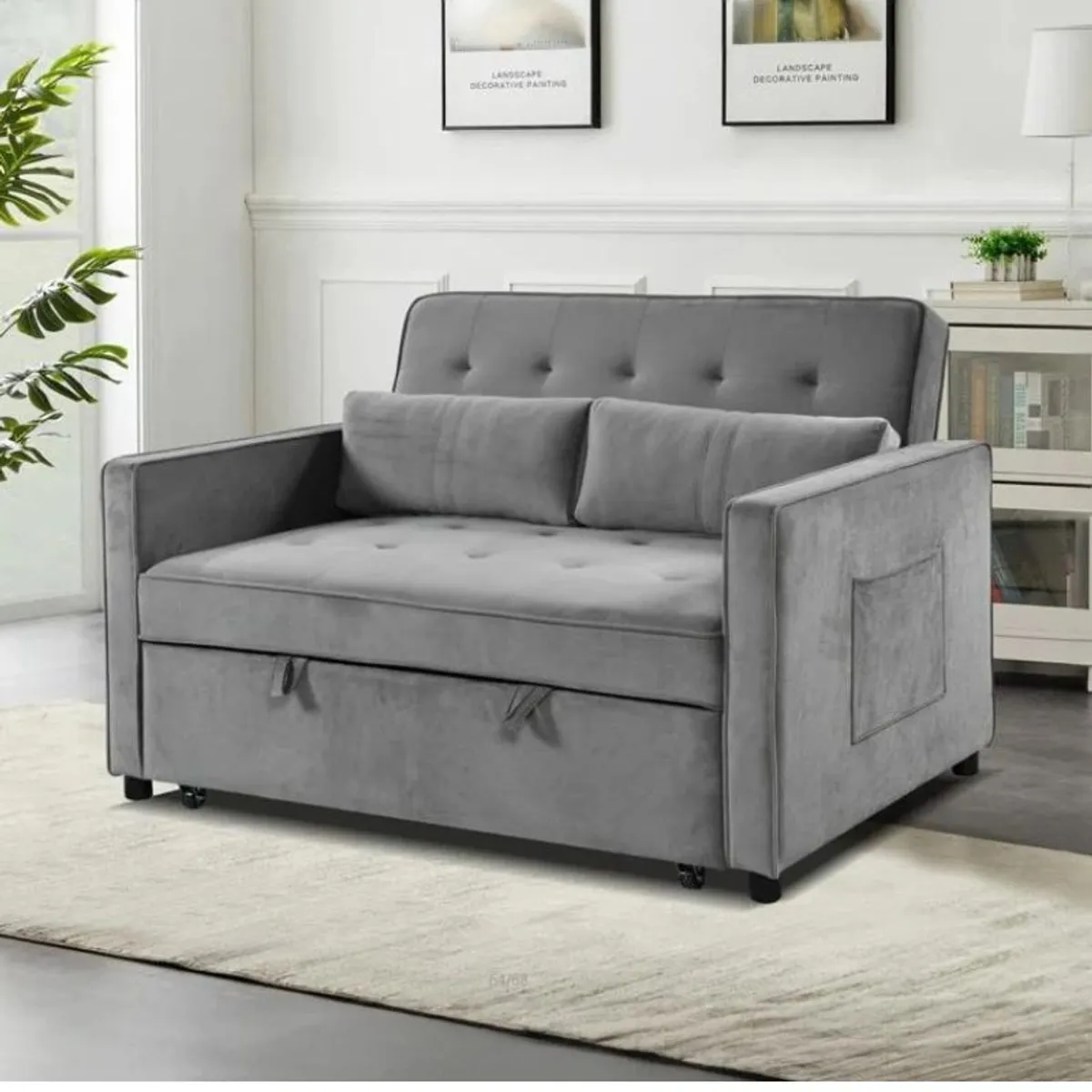 2 Seater Pull-Out Sofa Bed - 132 cm - Grey Velvet - Image 1