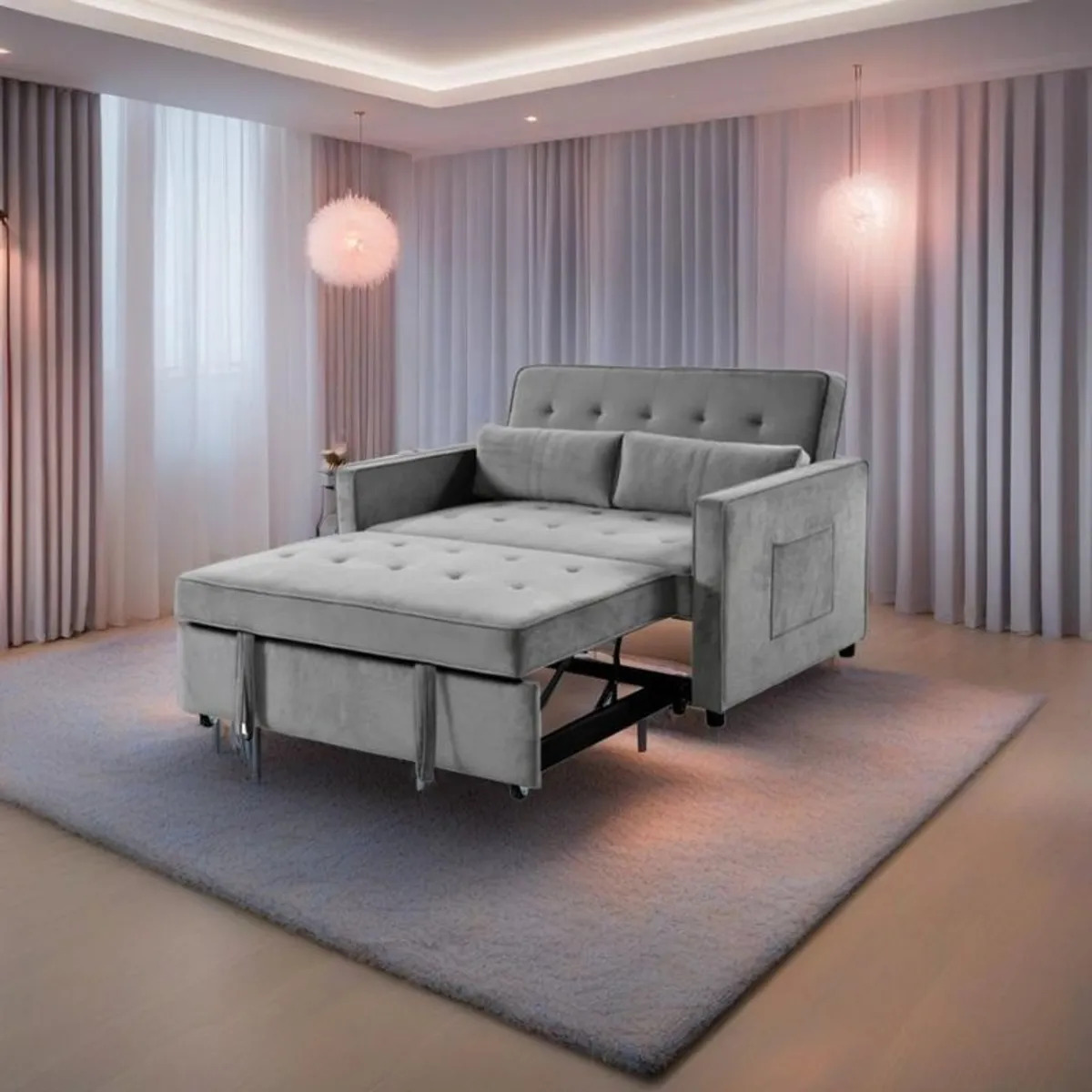 2 Seater Pull-Out Sofa Bed - 132 cm - Grey Velvet - Image 2