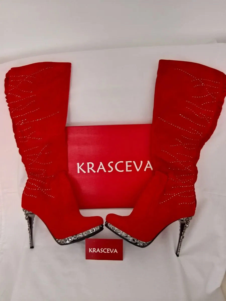 KRASCEVA  RED SUEDE DIAMONTE BOOTS - Image 4