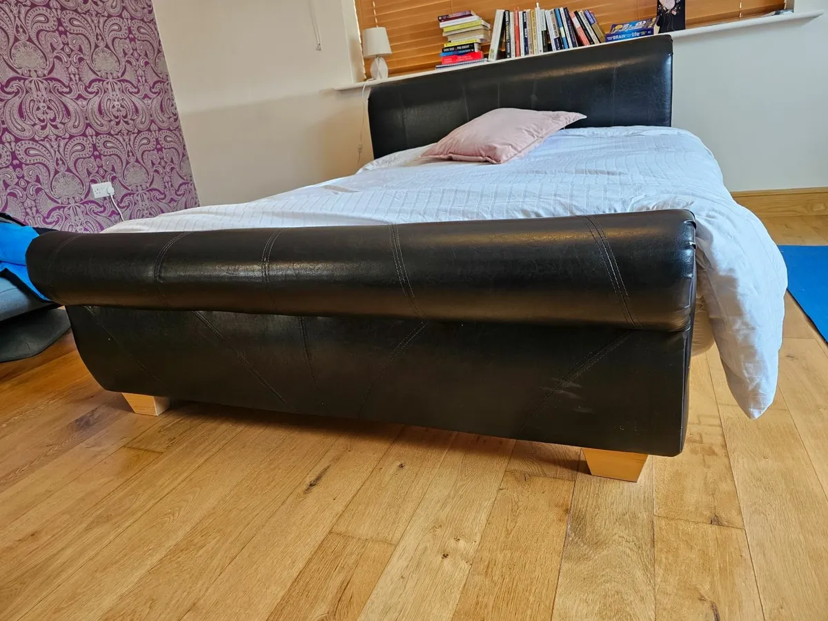 Stylish Black Leather Sleigh Bed and Matteress - Image 1