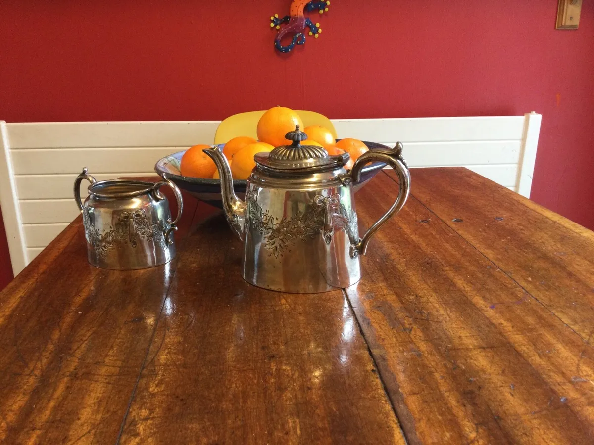 Antique Silver Plate Teapot and Sugar Bowl - Image 2