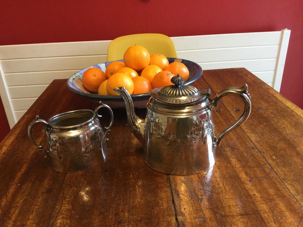 Antique Silver Plate Teapot and Sugar Bowl - Image 3