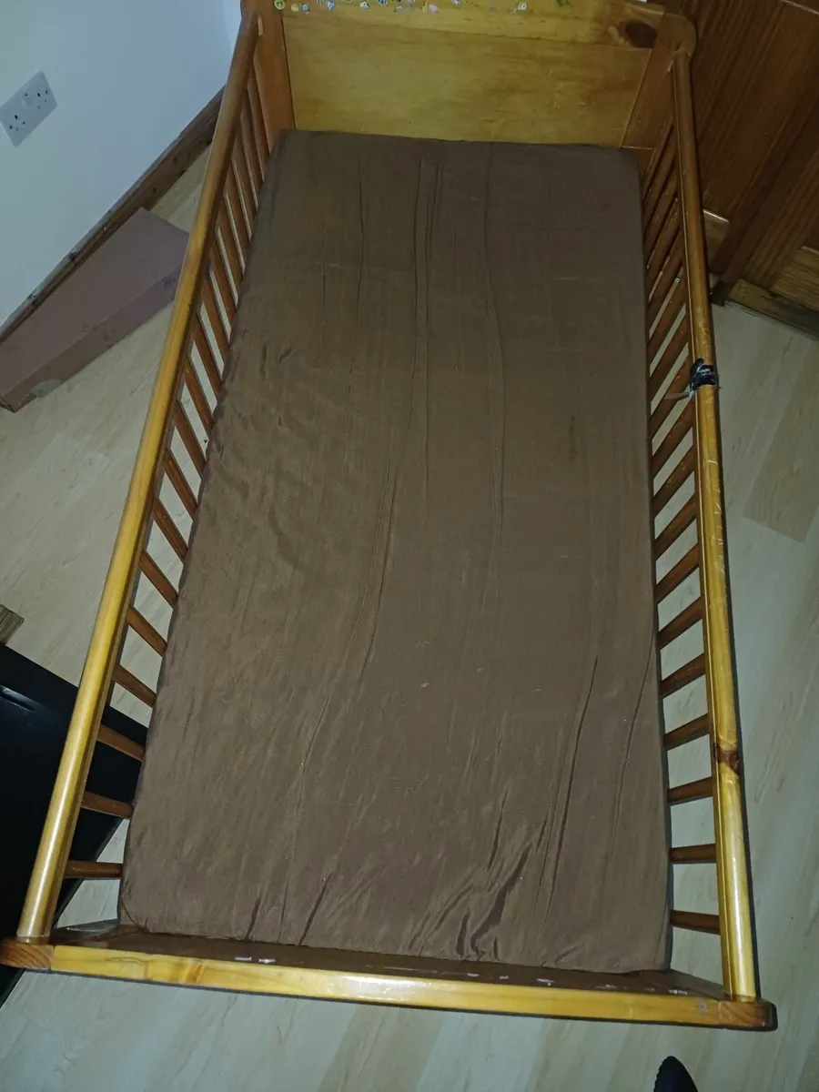 Wooden Baby Cot + Mattress & Sheet - Image 1