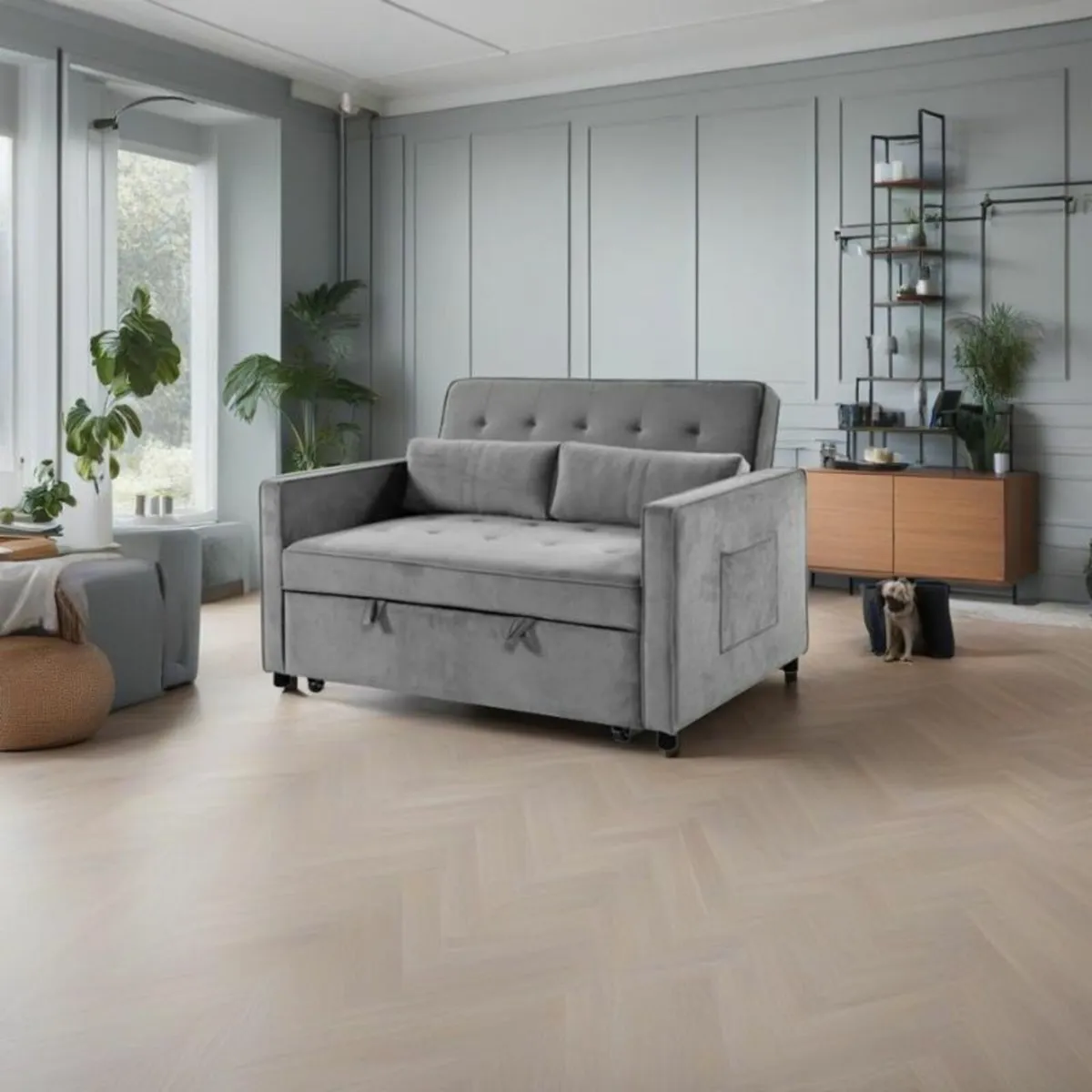 2 Seater Pull-Out Sofa Bed - 132 cm - Grey Velvet - Image 1