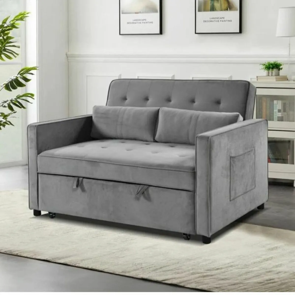 2 Seater Pull-Out Sofa Bed - 132 cm - Grey Velvet - Image 3