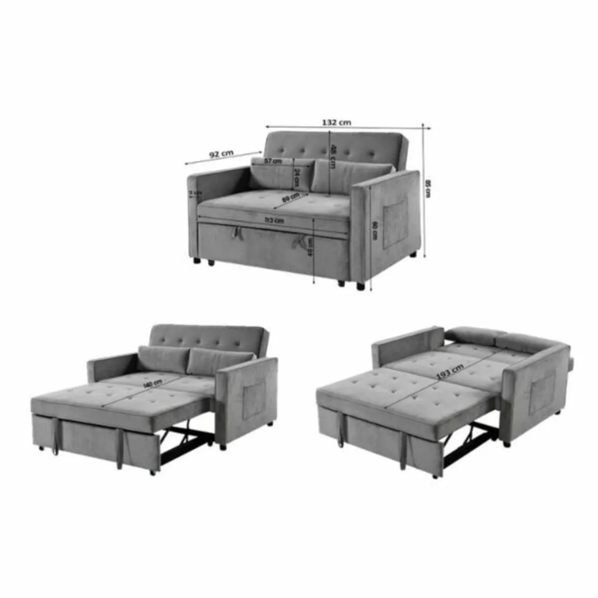 2 Seater Pull-Out Sofa Bed - 132 cm - Grey Velvet - Image 4