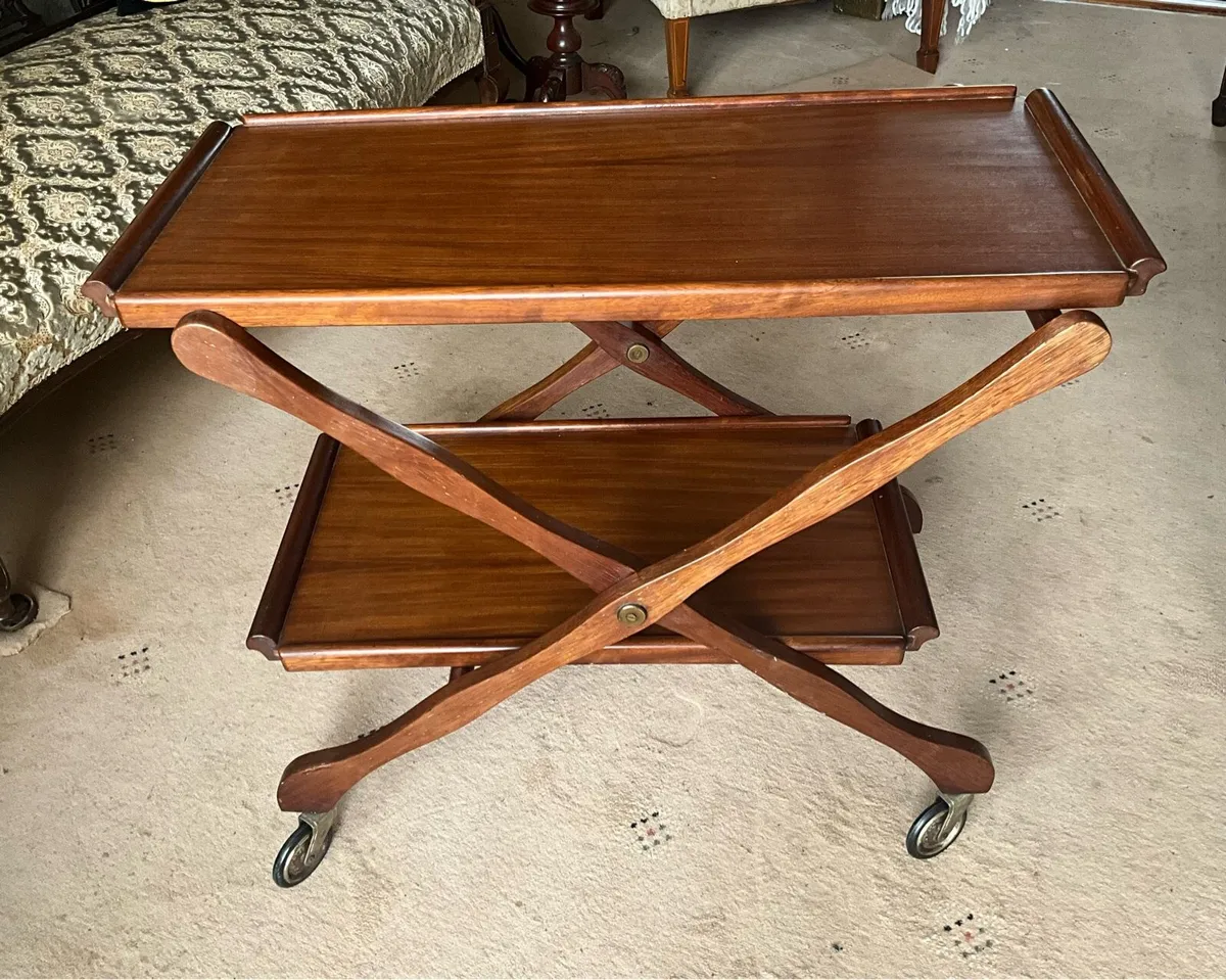 Vintage Mahogany 2 Tier Folding Serving Trolley - Image 1