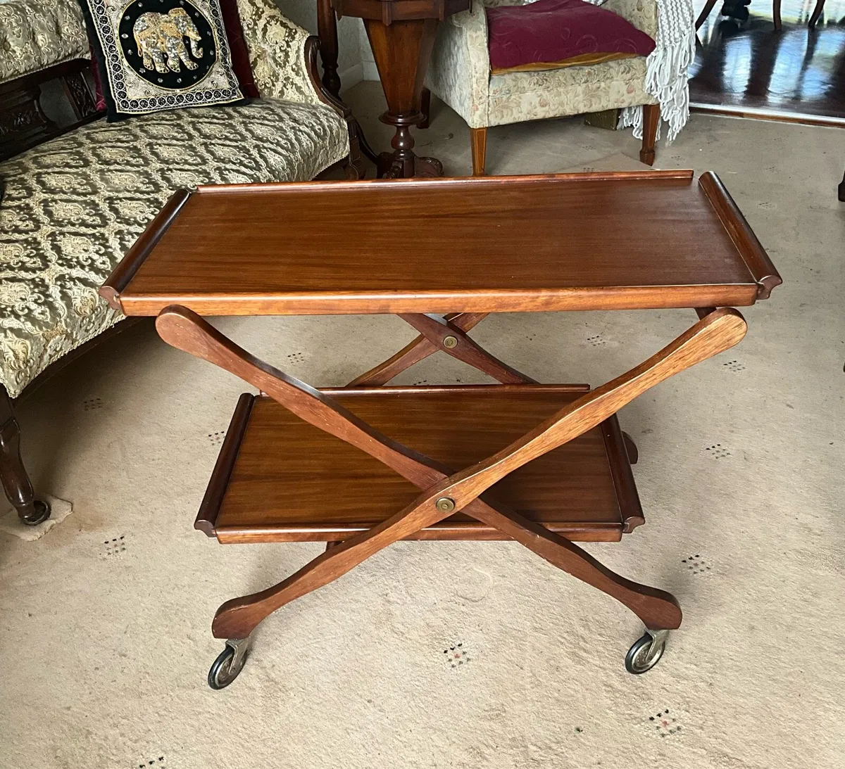 Vintage Mahogany 2 Tier Folding Serving Trolley - Image 4