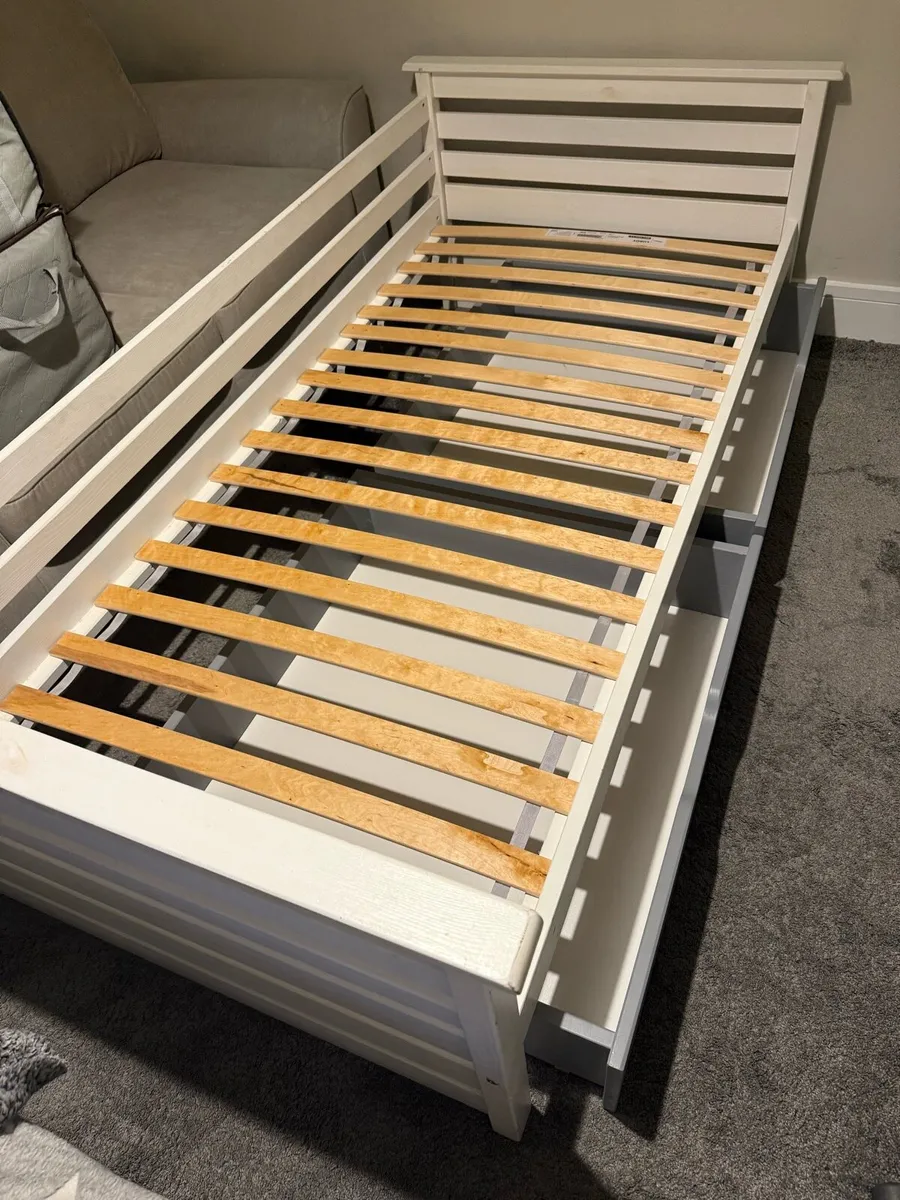 Single Wooden Bed with 2 Drawers - White/Grey - Image 1