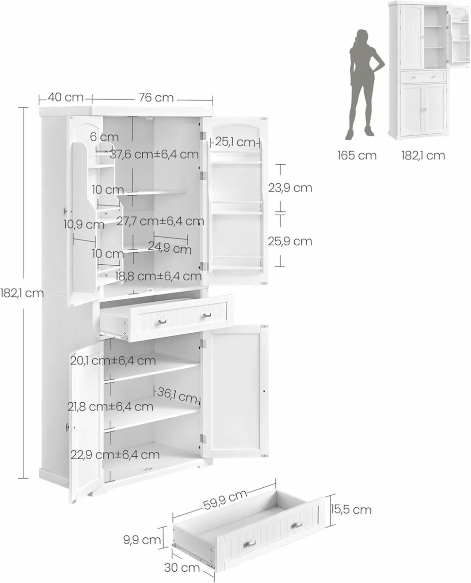 Tall White Storage Cabinet with Shelves and Drawer - Image 2