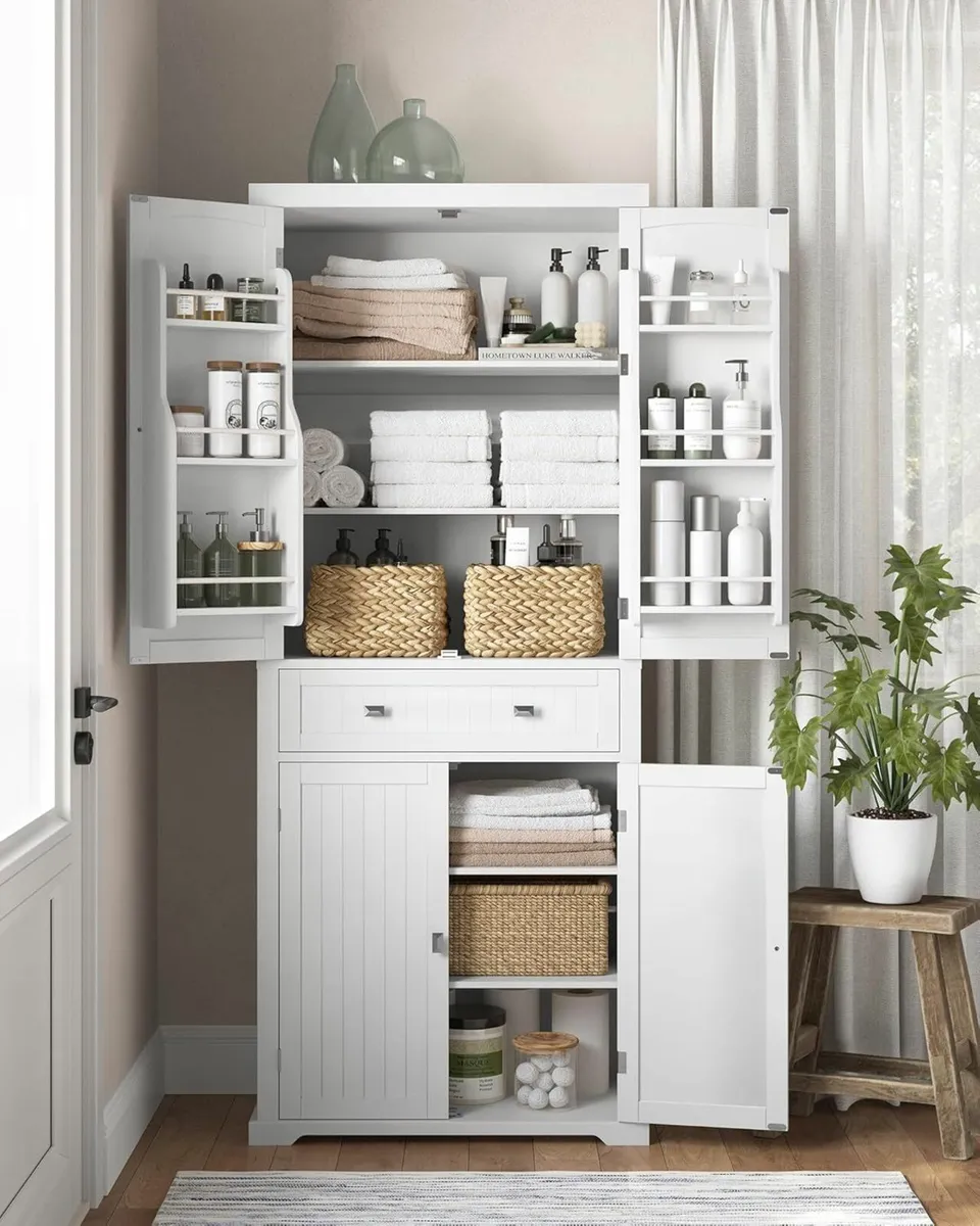 Tall White Storage Cabinet with Shelves and Drawer - Image 3