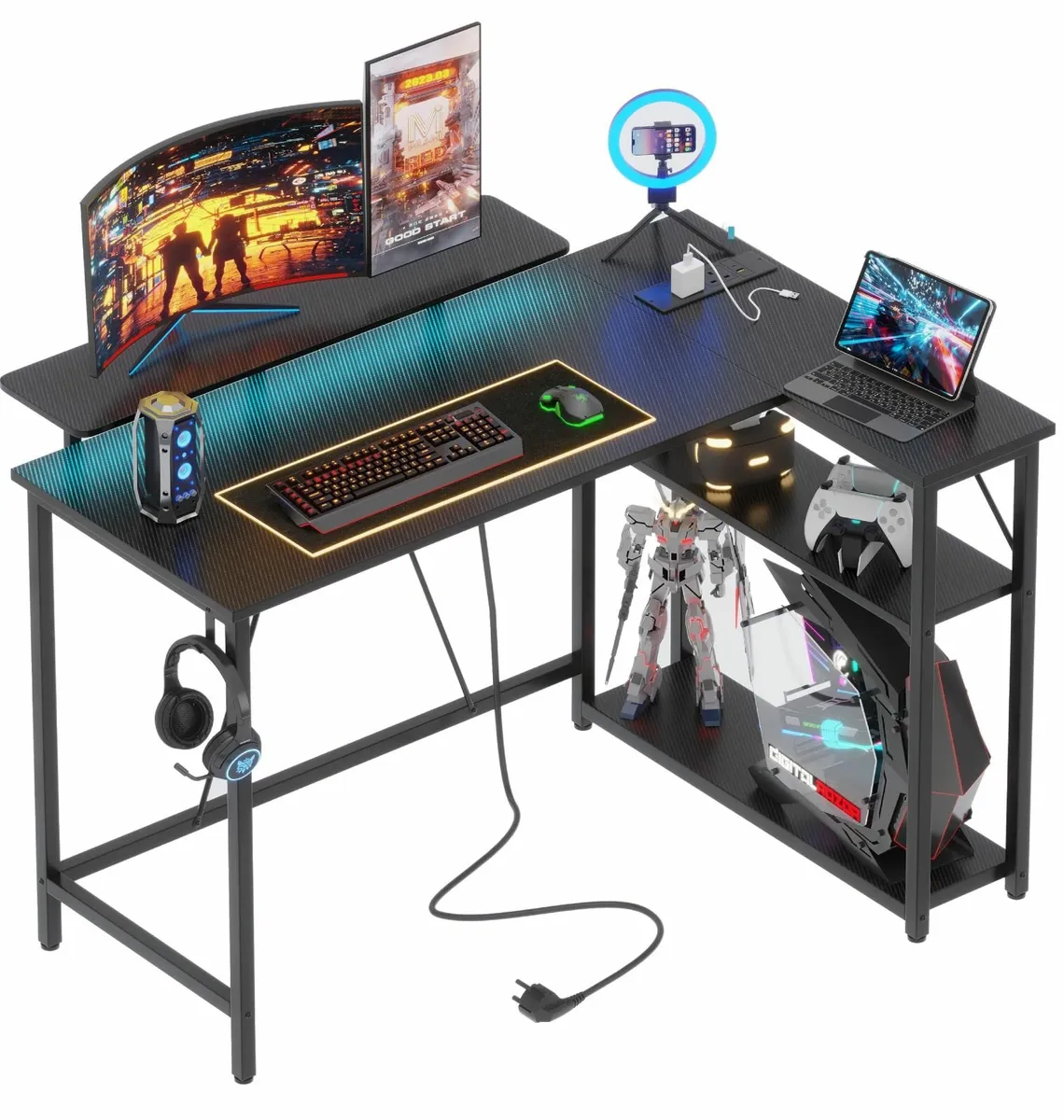L Shaped Gaming Desk RGB LED Lights & Power Outlet - Image 1