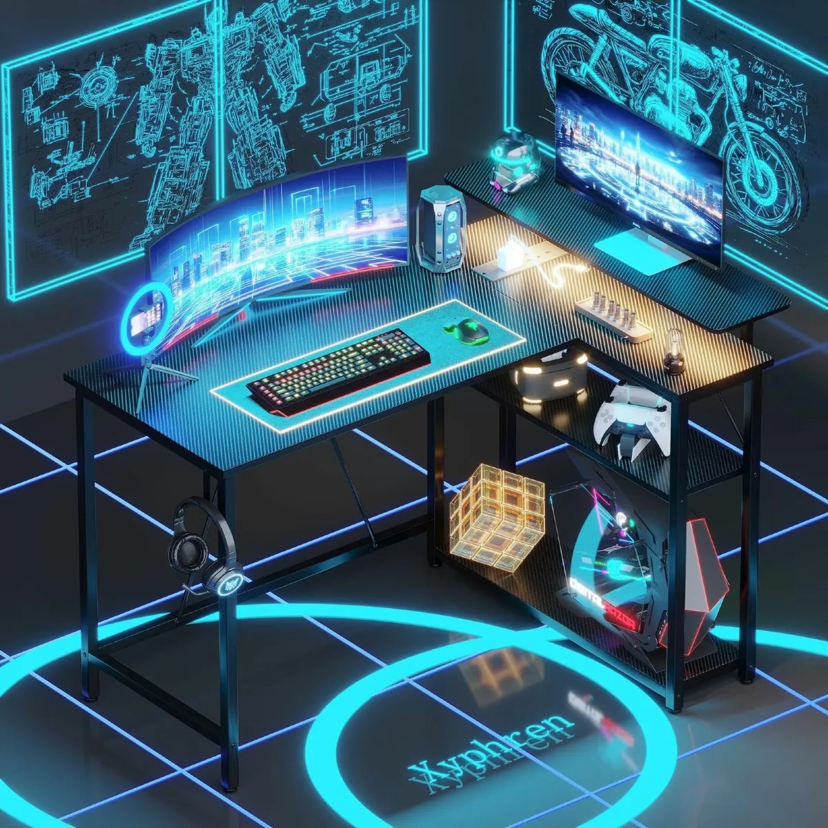 L Shaped Gaming Desk RGB LED Lights & Power Outlet - Image 2