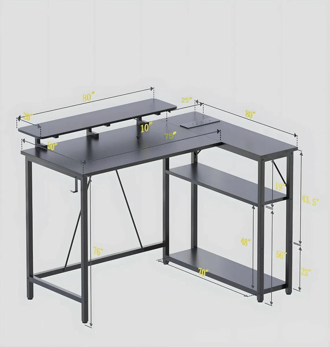 L Shaped Gaming Desk RGB LED Lights & Power Outlet - Image 3